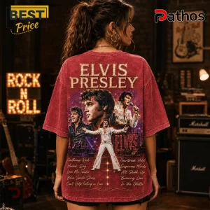 Elvis Presley graphic t-shirt in vintage red with multiple concert images and list of classic song titles on the back.!