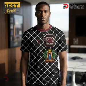 South Carolina Gamecocks t-shirt featuring a black mesh pattern, maroon trim, and 3-time NCAA champion trophy logo.!
