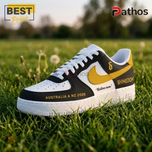Shinedown x Bush Australia 2026 Custom Name Air Force 1 3 Custom Shinedown band sneaker with black, white, and gold accents, featuring Australia and NZ 2026 text on a grass field.!