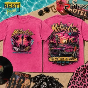 Hot pink Motley Crue graphic t-shirt featuring sunset, classic car, electric guitar, and lipstick icons on pool deck.!