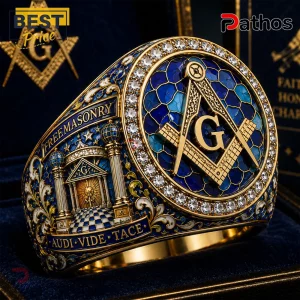 Gold Masonic ring with blue enamel, embedded crystals, square and compass symbol, and Audi Vide Tace text.!