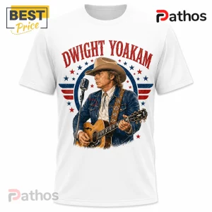 White crewneck t-shirt featuring Dwight Yoakam graphic, red lettering, blue and red patriotic stars, and guitar illustration.!