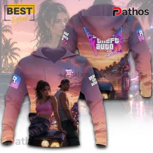 Grand Theft Auto VI themed pullover hoodie featuring a sunset city landscape, vintage car, and two human characters.!