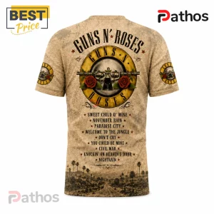 Guns N' Roses band t-shirt, tan with all-over print, featuring classic bullet and rose logo and track list on back.!