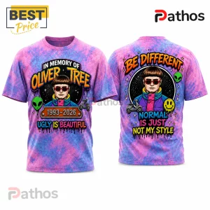 Oliver Tree In Memory Of 1993-2026 Pink Tie Dye T-Shirt 3 Oliver Tree graphic t-shirt with purple and pink tie-dye print, featuring custom artwork and text on front and back.!
