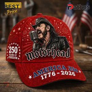 Red baseball cap featuring Lemmy Kilmister, Motörhead logo, and America 250 1776-2026 text with white star patterns.!
