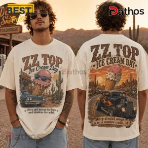 Cream colored cotton t-shirt with ZZ Top Ice Cream Day graphics featuring a hot rod, cactus, and retro desert scenery.!