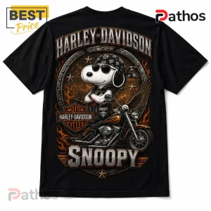 Black cotton t-shirt featuring Snoopy wearing a bandana and sunglasses on a motorcycle with Harley-Davidson flame graphics.!