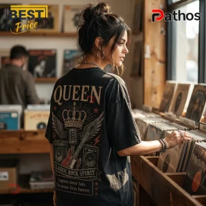 Woman wearing a vintage-wash black Queen t-shirt with crown, microphone, and guitar graphic in a vinyl record store.!