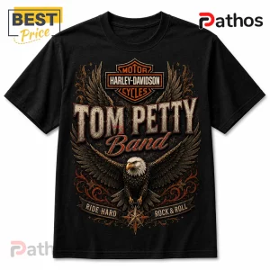 Black cotton t-shirt featuring a Harley-Davidson logo, bald eagle illustration, and Tom Petty Band text graphics.!