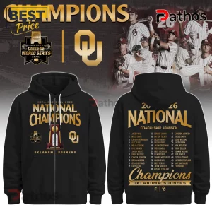 Oklahoma Sooners 2026 National Champions Black Hoodie 1 Black zip-up hoodie featuring 2026 Oklahoma Sooners baseball championship graphics, player roster, and team logos.!