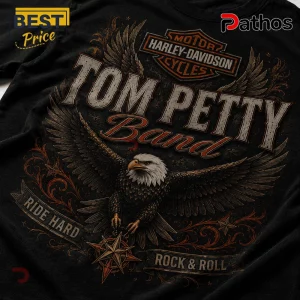 Black cotton t-shirt featuring a Harley-Davidson logo, bald eagle illustration, and Tom Petty Band text graphics.!