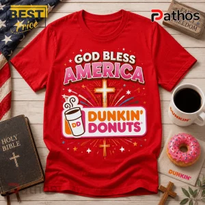 Red cotton crew neck t-shirt featuring God Bless America text, a Christian cross, and a Dunkin Donuts logo graphic.!