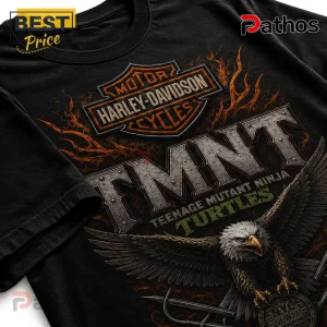Black cotton t-shirt featuring a Harley-Davidson logo, TMNT text, and a bald eagle flying above an NYC sewer cover graphic.!