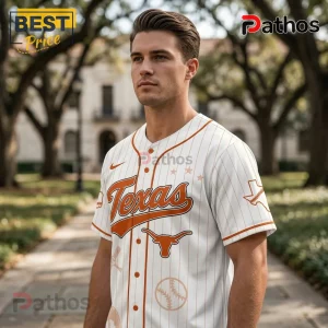 Man wearing white button-up baseball jersey with orange pinstripes, Texas text, and Longhorn bull logo.!
