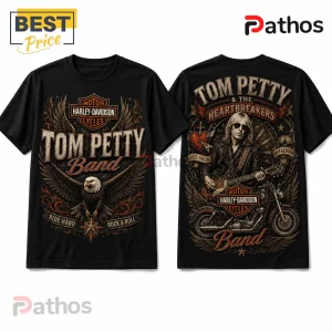 Black graphic t-shirt featuring a Tom Petty Harley-Davidson design with an eagle, motorcycle, and rock music motifs.!