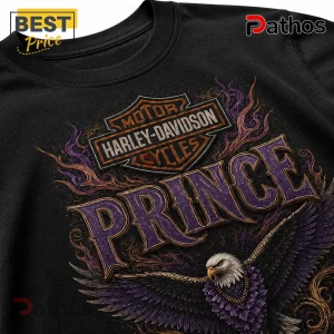 Black cotton t-shirt featuring a Harley-Davidson logo, the word Prince, and a purple eagle with fire graphics.!