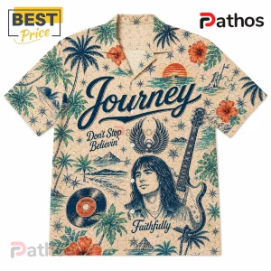 Beige button-up shirt featuring Journey band graphics, palm trees, vintage electric guitar, record, and song titles.!