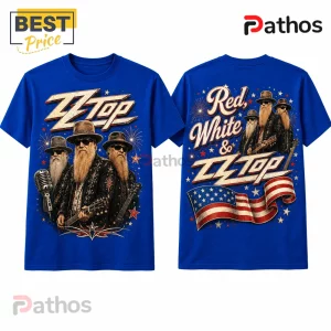 ZZ Top Red White and Blue Patriotic 2026 Shirt 1 Blue crew neck t-shirt featuring ZZ Top band members, American flag graphics, and star motifs on front and back prints.!
