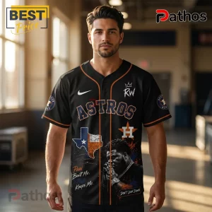 Rod Wave Houston Astros Don't Look Down Tour Jersey 2 Man wearing a black Houston Astros baseball jersey with Texas state map graphic, player portrait, and inspirational text.!