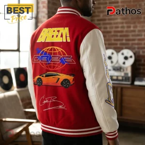 Red wool varsity jacket with white sleeves featuring a printed orange supercar, globe icon, and Breezy CB26 text graphics.!
