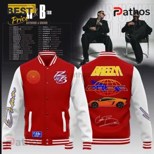 Red and white varsity jacket with Chris Brown R&B tour graphics including an orange sports car and Breezy text on back.!