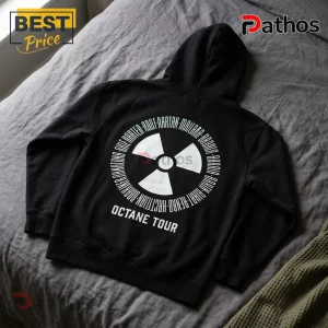 Don Toliver Octane Tour Black Pullover Hoodie 1 Black cotton hoodie featuring a white circular radiation symbol logo and Octane Tour text on the back.!