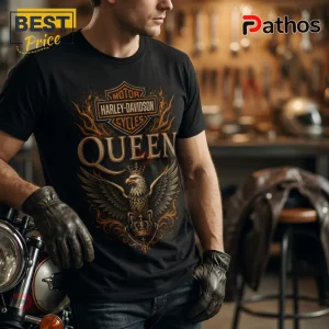 Black cotton t-shirt featuring a Harley-Davidson logo, the word QUEEN, and an eagle wearing a crown with orange flames.!