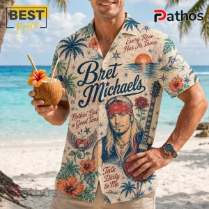 Bret Michaels Tropical Mix Hawaiian Shirt 2026 2 Tan Hawaiian-style short-sleeve button-down shirt featuring Bret Michaels portrait, tropical flowers, and song lyrics.!
