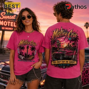 Man and woman wearing hot pink Mötley Crüe graphic t-shirts with Sunset Motel and convertible car illustrations.!