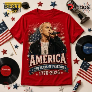 Red cotton crew neck t-shirt featuring Eminem, US flag, fireworks, and America 250 Years of Freedom 1776-2026 text.!