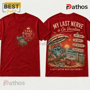 Stitch Sun & Chill Red T-Shirt 2026 2 Red cotton crewneck t-shirt featuring Disney Stitch graphic with Zero Worries Club text and vacation beach scene.!