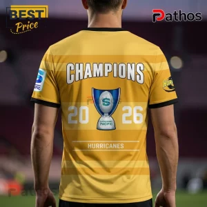 Yellow Hurricanes rugby jersey back view with CHAMPIONS, 2026, and Super Rugby Pacific trophy graphic printed on fabric.!