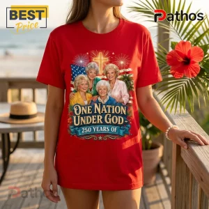 Red cotton crewneck t-shirt featuring The Golden Girls, an American flag, a cross, fireworks, and text One Nation Under God.!