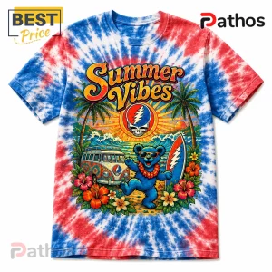 Grateful Dead Summer Vibes Tie-Dye Dancing Bear Graphic T-Shirt 3 Red and blue tie-dye t-shirt featuring a dancing blue bear, a VW bus, surfboard, and text Summer Vibes.!