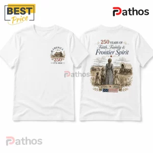 America 250th Anniversary 1776-2026 Limited Edition T-Shirt 4 White t-shirt showing front logo with America 1776-2026 text and back graphic of a family with a covered wagon.!