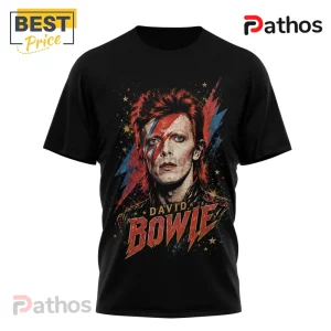 Black cotton t-shirt featuring a vintage graphic of David Bowie with a lightning bolt face paint design and star accents.!