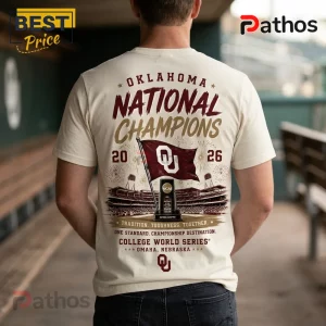Oklahoma Sooners 2026 NCAA Baseball National Champions Cream T-Shirt 2 Cream colored t-shirt featuring Oklahoma National Champions 2026 graphics with an OU flag, stadium, and trophy illustration.!