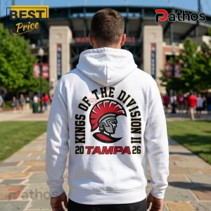 Tampa Spartans 2026 NCAA DII Baseball Champions Hoodie 2 White hooded sweatshirt with red and black Spartan helmet logo and Kings of the Division Tampa 2026 text on the back.!