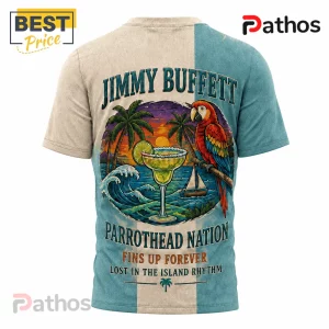Jimmy Buffett Parrothead Nation t-shirt featuring a colorful macaw, margarita, palm trees, and ocean sunset graphic.!