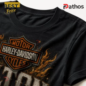 Black cotton t-shirt featuring a screen-printed orange and silver Harley-Davidson motorcycle logo with flames.!
