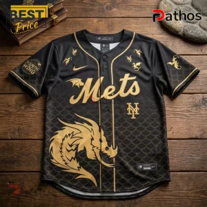 Black and gold New York Mets baseball jersey featuring dragon scale patterns and Fourth Wing text on a wooden surface.!