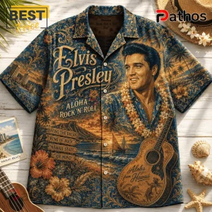 Elvis Presley Hawaiian button-up shirt featuring gold and blue tropical, guitar, and floral print on a white wood surface.!