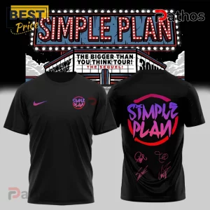 Simple Plan The Bigger Than You Think Tour Black Hoodie 1 Black t-shirt featuring Simple Plan band logo, Nike swoosh, and rear print with purple-pink text and band autographs.!