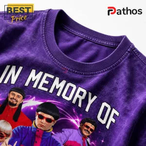 Oliver Tree In Memory Of 1993-2026 Retro Purple T-Shirt 2 Purple acid wash t-shirt featuring In Memory Of text and Oliver Tree character graphic with red sunglasses.!