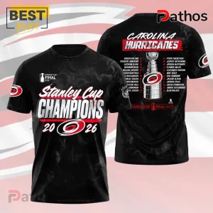 Black Carolina Hurricanes 2026 Stanley Cup Champions T-shirt showing front graphic and back roster with trophy icon.!