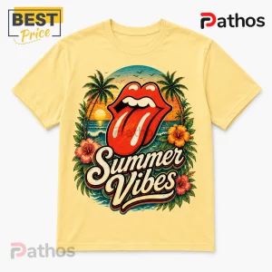 Pale yellow crewneck t-shirt featuring a red tongue graphic, tropical palm trees, hibiscus flowers, and Summer Vibes text.!