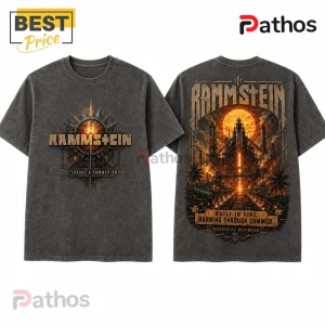 Rammstein Premium Vintage Charcoal T-Shirt 4 Charcoal acid-wash Rammstein t-shirt front with logo and back featuring industrial plant graphic under a large orange sun.!