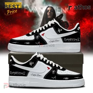 Evanescence custom black and white leather sneakers with red bird graphic, band logo, and musician signatures.!