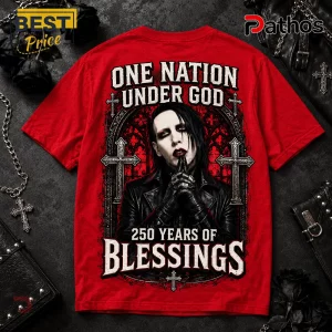 Marilyn Manson God Bless America Red T-Shirt 2 Red cotton t-shirt with Marilyn Manson graphic, gothic cross arches, and text reading One Nation Under God 250 Years.!